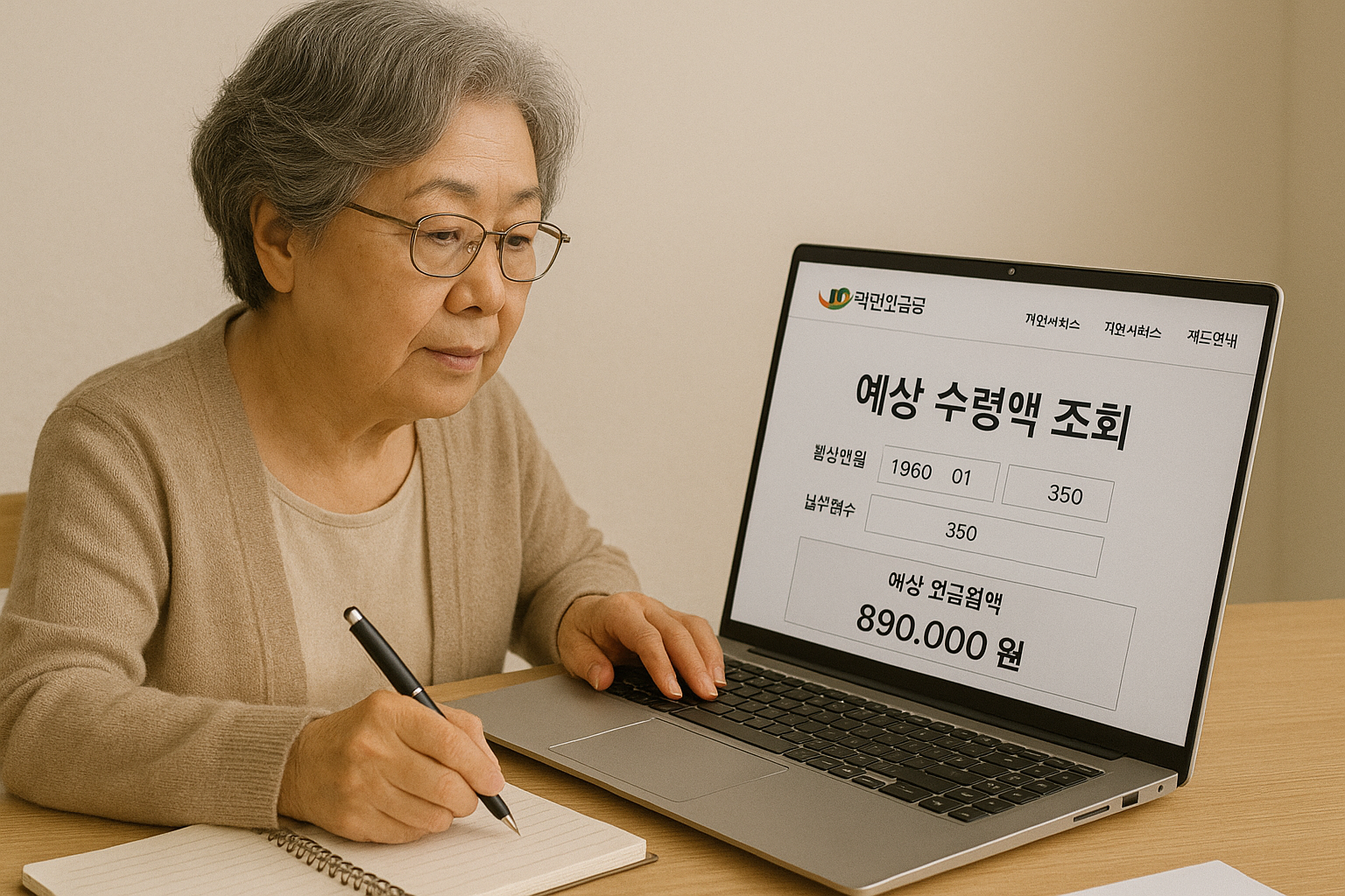 국민연금공단 홈페이지에서 예상 수령액을 조회하는 모습
