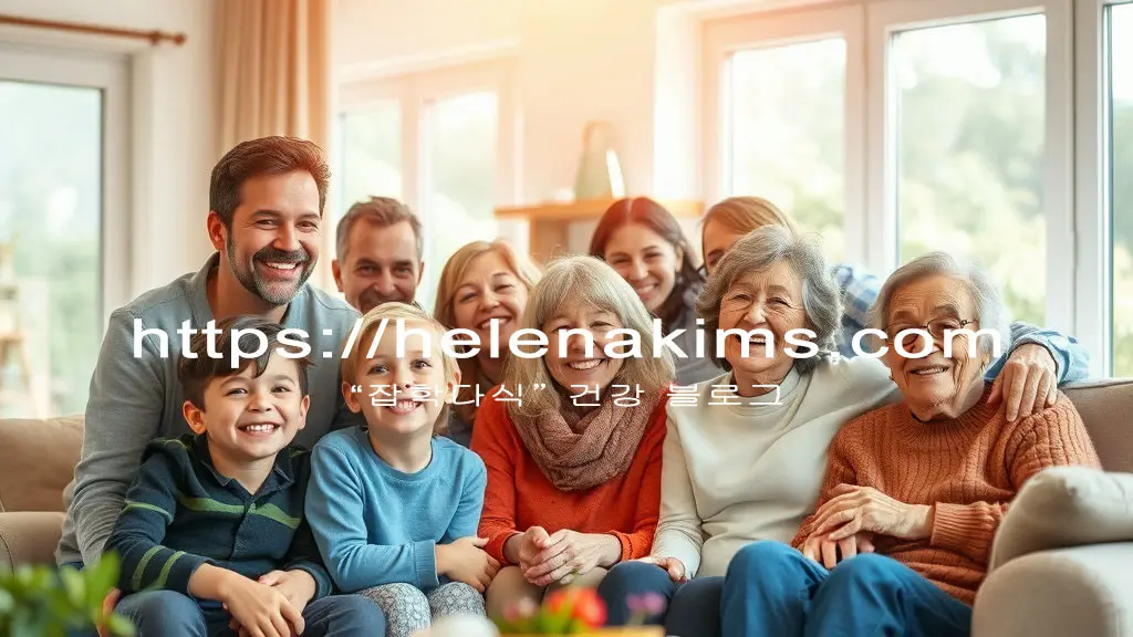 100세 시대를 상징하는 다양한 연령대의 사람들이 따뜻한 집에서 평온하고 행복하게 웃는 모습.