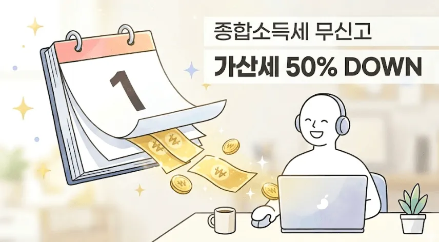 종합소득세 기한후신고 가산세: "노트북 앞에서 미소 짓는 사람 옆으로 달력이 넘어가며 지폐와 동전이 쏟아지는 일러스트. '종합소득세 무신고 가산세 50% DOWN' 문구가 강조되어 있습니다. 1개월 내 종합소득세 기한후신고 시 무신고 가산세가 절반으로 감면되는 절세 혜택을 표현한 이미지입니다.