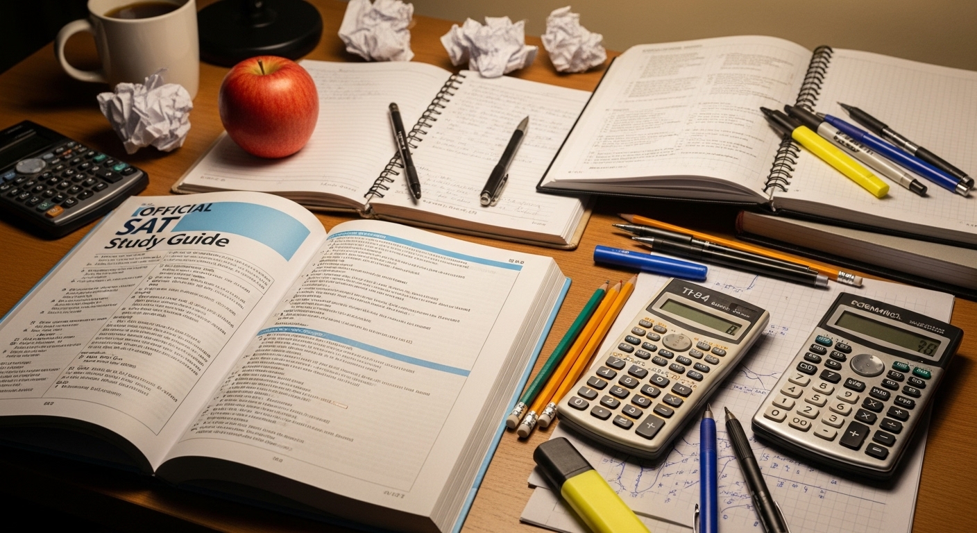 The Official SAT Study Guide'**가 펼쳐져 있으며, 그 옆에는 **노트북, 필기구, 계산기** 등이 놓여 있어 실제 시험 준비 과정을 사실적으로 나타냅니다