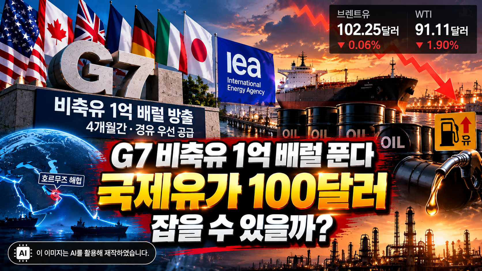 G7 비축유 1억 배럴 방출과 국제유가 100달러, 브렌트유&middot;WTI 가격 하락 및 경유 우선 공급을 표현한 이미지