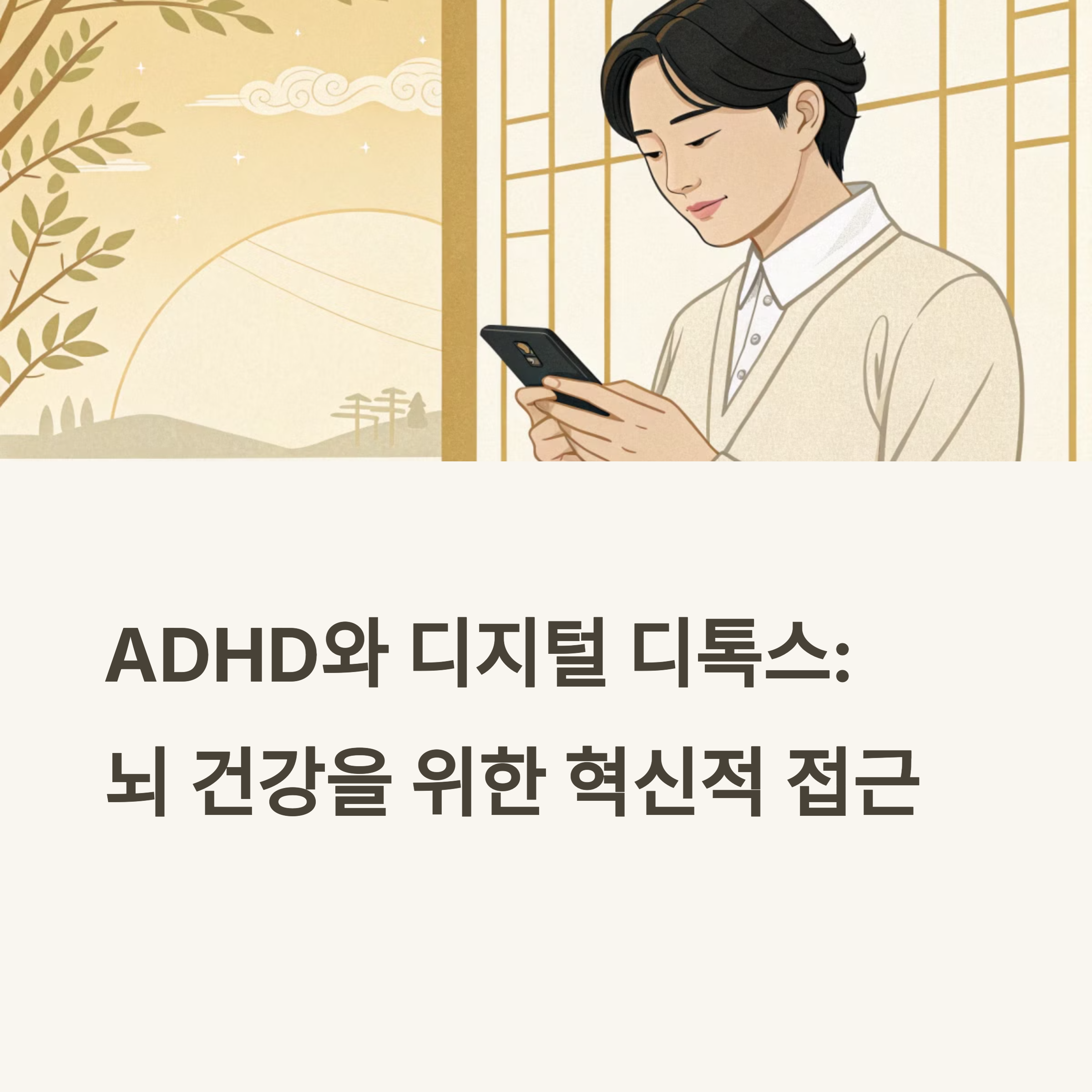 전통 한옥 창가에서 스마트폰을 사용하는 남성 일러스트와 함께 ‘ADHD와 디지털 디톡스: 뇌 건강을 위한 혁신적 접근’이라는 메시지가 적힌 이미지.