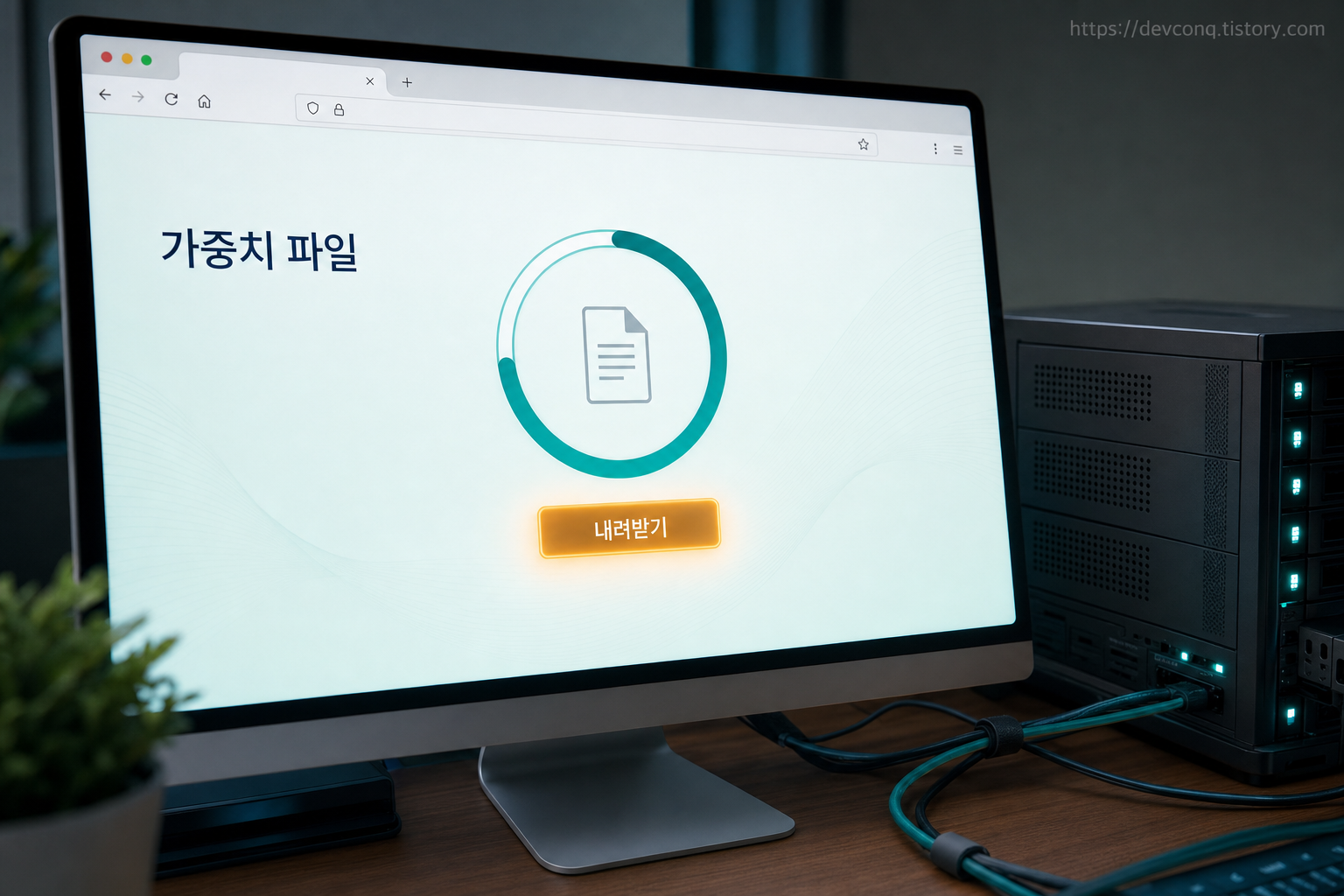 가중치 파일이 클라우드에서 개인 서버로 내려받아지는 순간을 담은 실사형 UI 목업