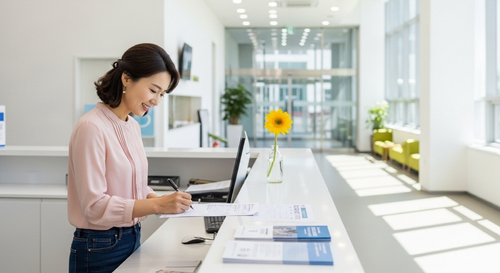 문화센터 안내데스크에서 수강 신청 중인 여성