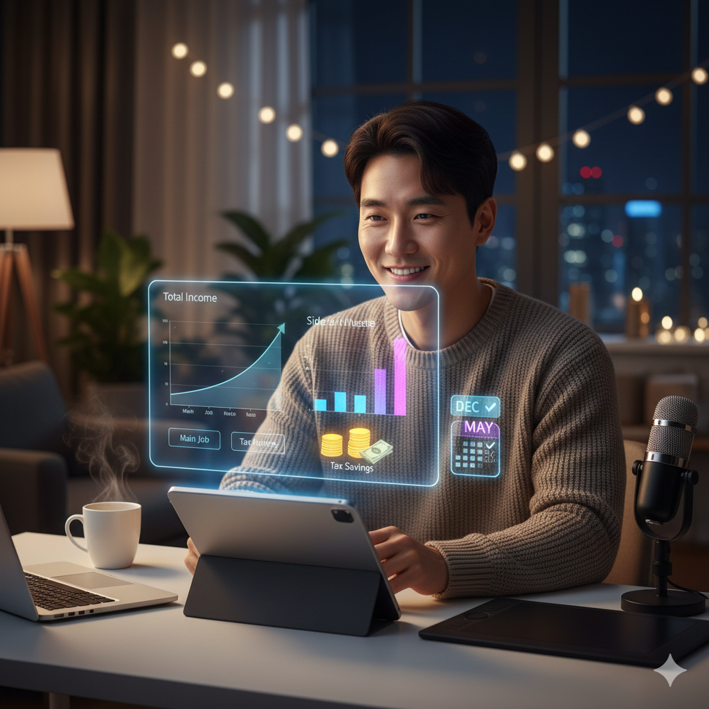 따뜻한 조명의 서재에서 노트북과 서류를 활용해 연말정산 자료를 꼼꼼히 검토하며 메모하는 직장인 부업러의 전문적인 모습이 담긴 썸네일 이미지입니다.