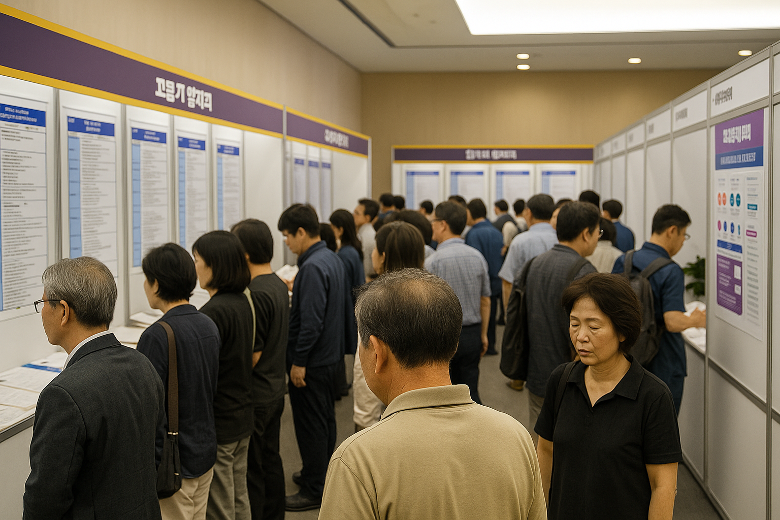 구직활동을 위하여 일자리 박람회장을 서성이는 중장년들의 모습