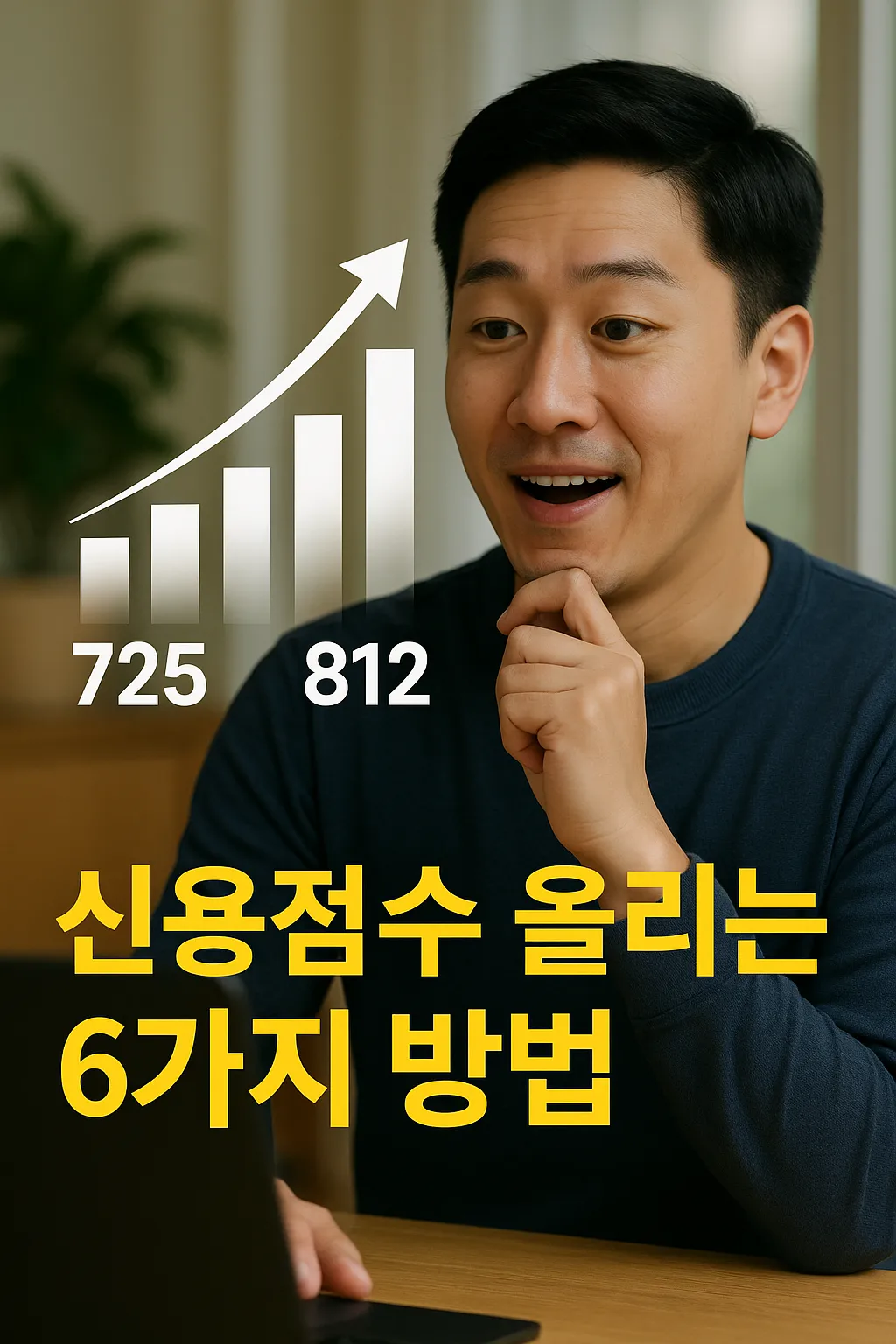 직장인이 금융앱에서 신용점수 상승 그래프를 확인하며 안도하는 모습