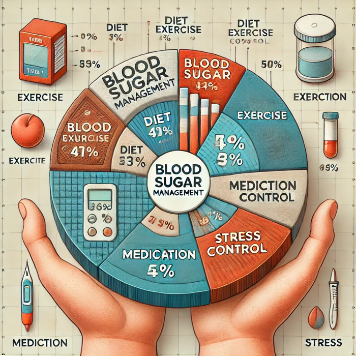 혈당 관리를 위해 식단&amp;#44; 운동&amp;#44; 약물&amp;#44; 스트레스 관리 방법이 차지하는 비율을 보여주는 파이 차트.