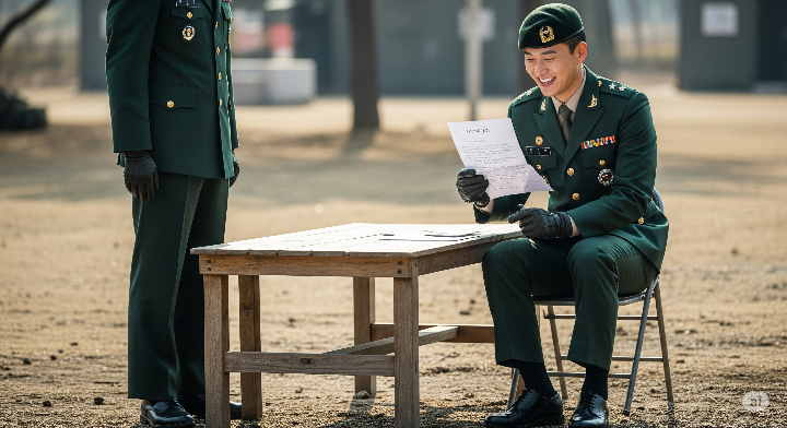군복을 입은 장병이 부모님께 온 감사 편지를 읽으며 환하게 웃는 모습.