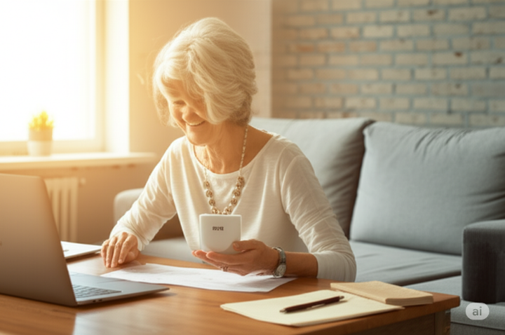 밝게 웃으며 연금 정보를 확인하는 노년 여성, 안정적인 노후를 위한 재정 관리