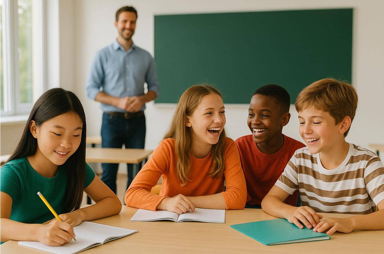 밝은 교실에서 학생들이 함께 웃으며 공부하는 모습