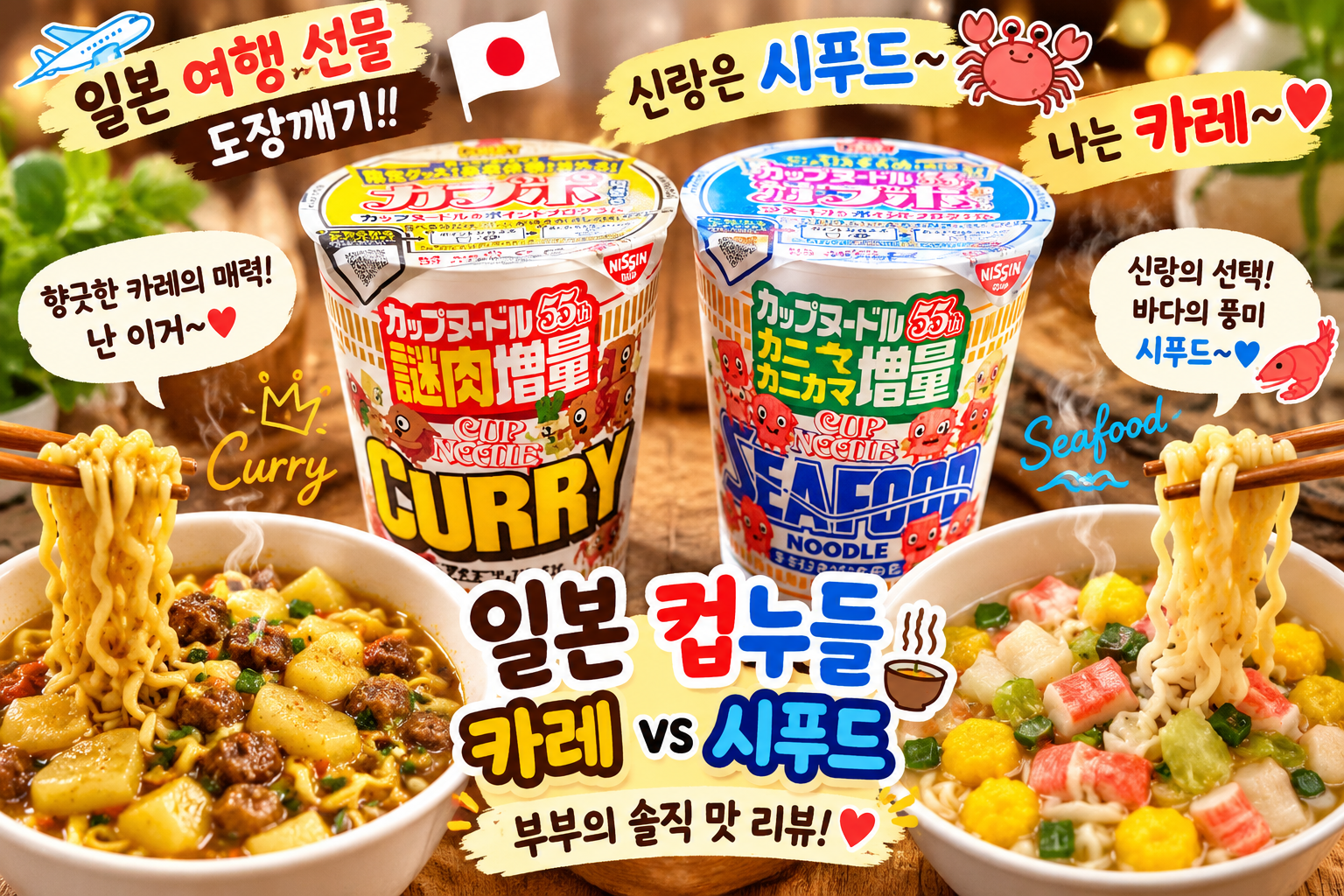 일본 닛신 컵누들 카레맛과 시푸드맛 비교, 신랑과 함께한 솔직한 야식 리뷰