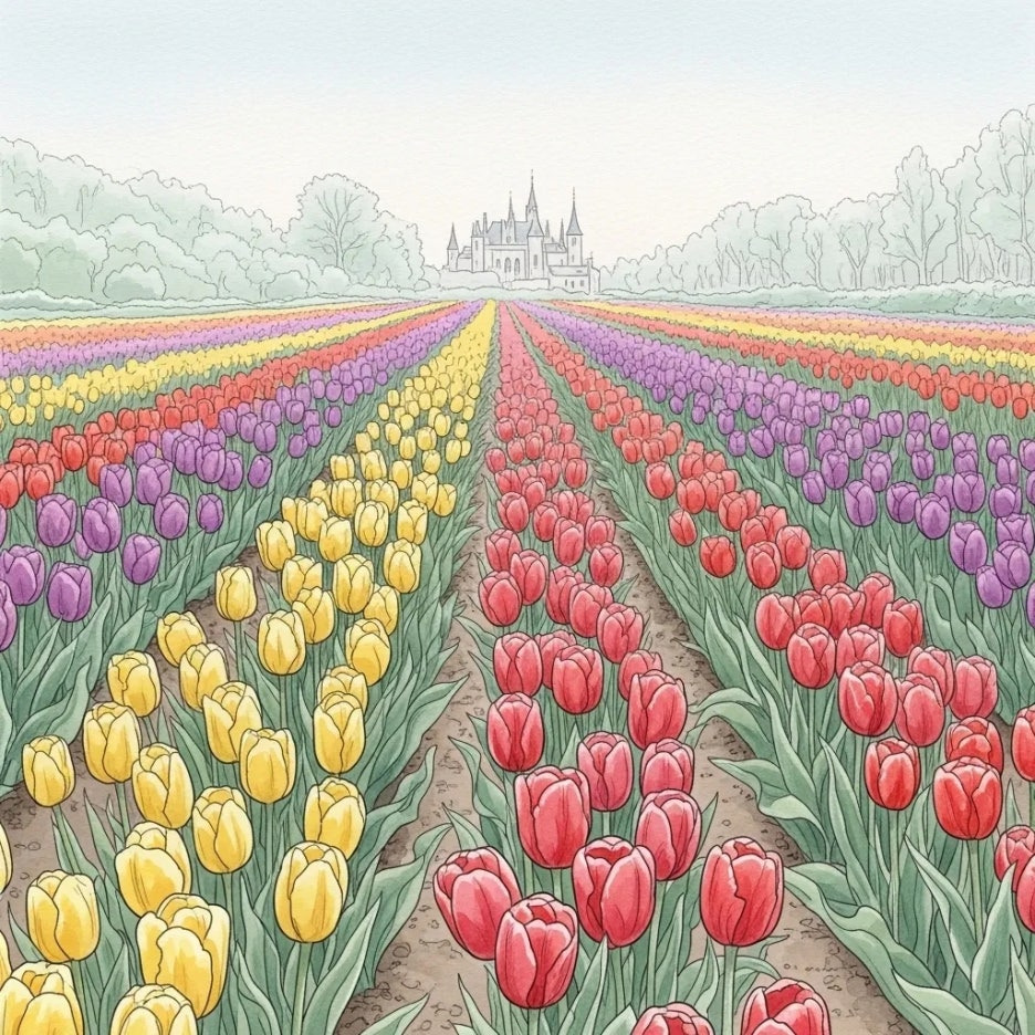 다채로운 튤립으로 가득한 아름다운 정원 풍경