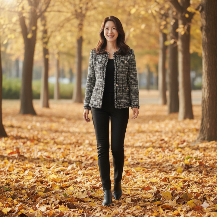 가을 햇살 아래 편안하고 세련된 가을 옷을 입고 웃고 있는 40대 여성의 전신