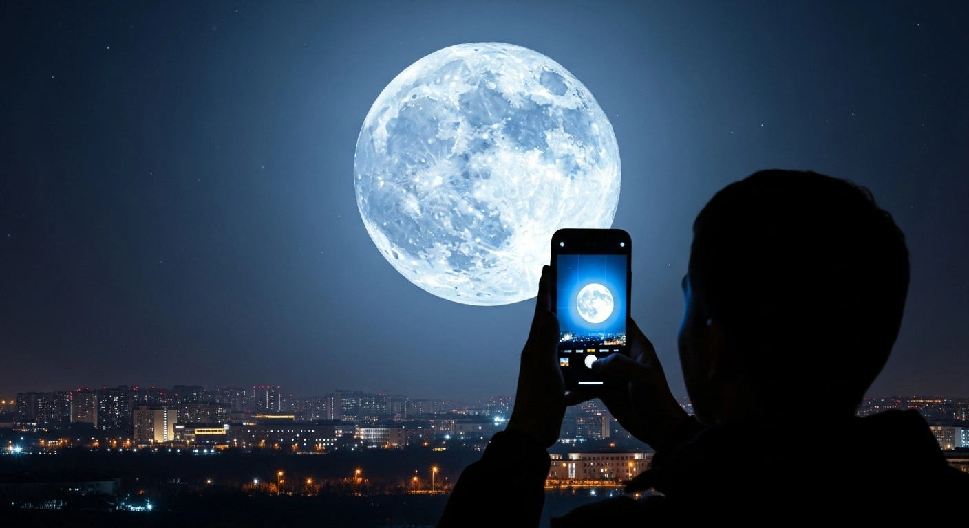 한-남자가-도심-높은-곳에-올라-아이폰으로-커다란-달을-찍고-있는-뒷모습-AI-이미지