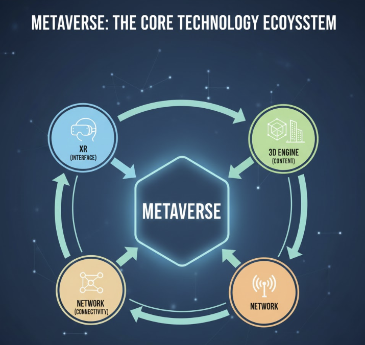 메타버스와 이를 구성하는 네 가지 핵심 기술 생태계 다이어그램: XR (인터페이스), 3D 엔진 (콘텐츠), 네트워크 구성 요소들의 상호 연결된 순환 구조를 보여줌.