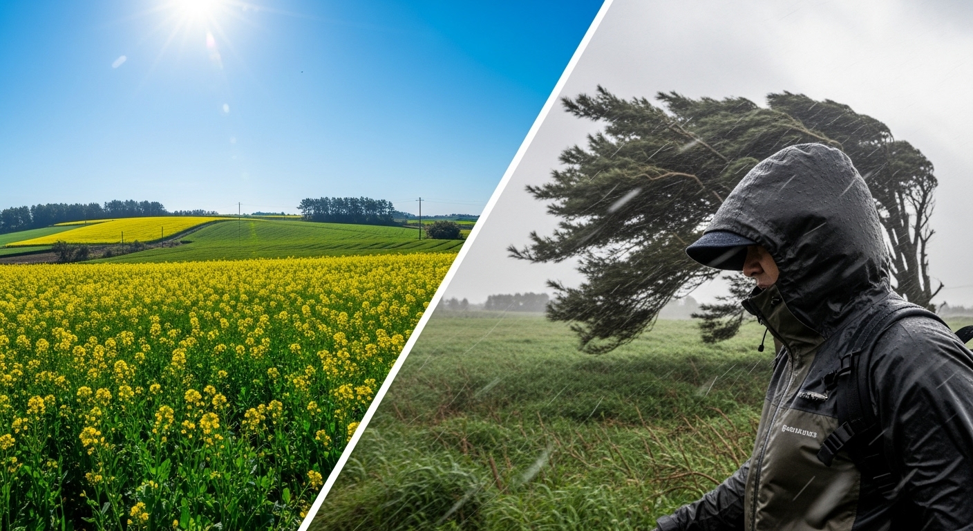 맑고 화창한 날의 제주도 풍경과 비바람이 몰아치는 날의 제주도 풍경이 대비된 이미지. 변덕스러운 제주 날씨의 특징을 보여준다.
