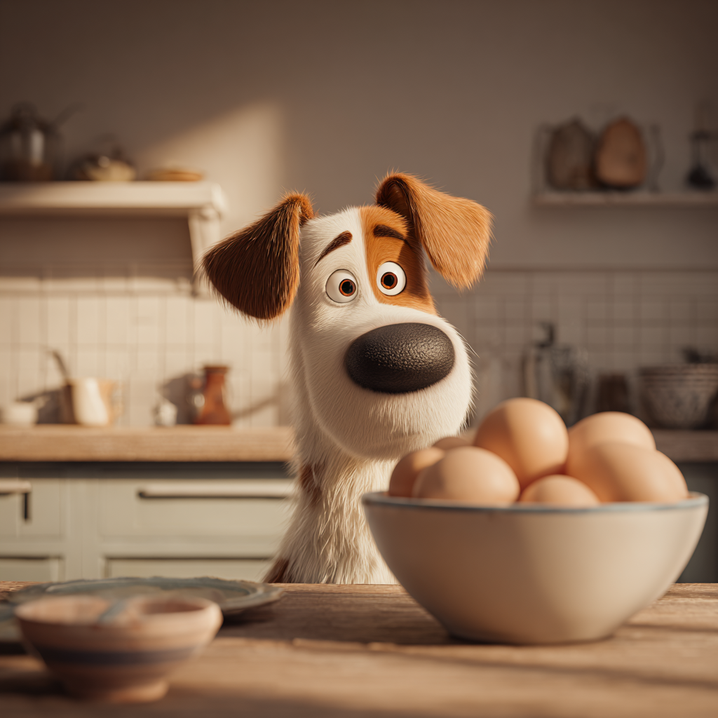 부엌에서 달걀바구니늘 바라보는 귀여운강아지 픽사스타일 일러스트