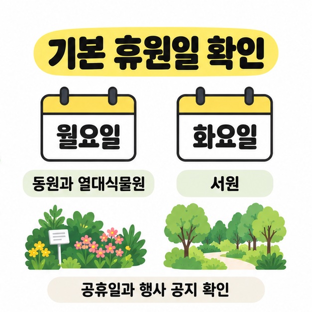 월요일은 동원과 열대식물원, 화요일은 서원의 기본 휴원일로 표시한 달력 그림과 공휴일 및 행사 공지 확인 안내