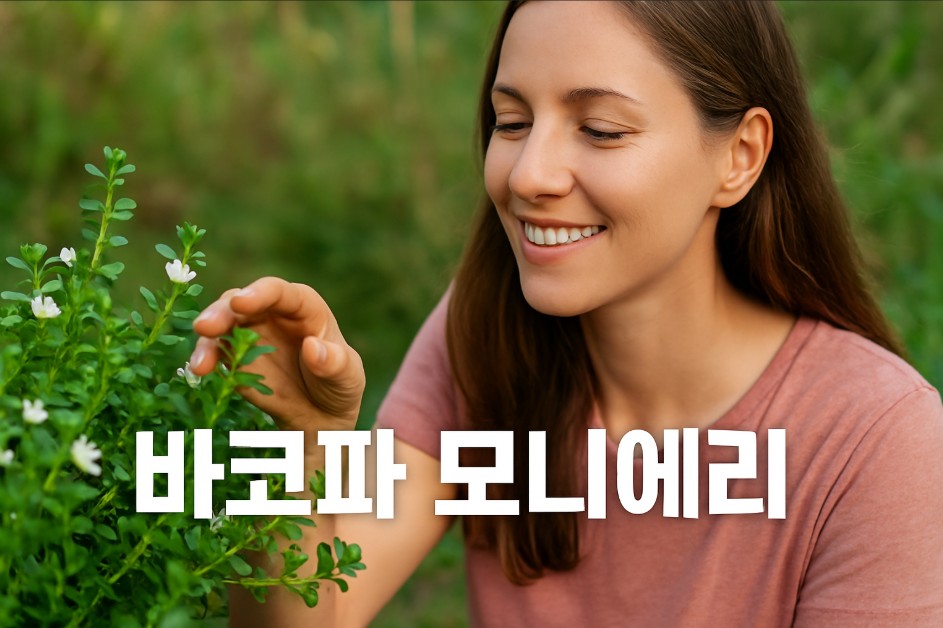 밝은 자연 속에서 한 젊은 여성이 미소를 지으며 바코파 모니에리 식물을 손끝으로 가볍게 만지려 하고 있다. 녹음이 가득한 배경과 부드러운 햇살이 어우러져, 식물과 인간의 조화로운 교감을 따뜻하게 표현하고 있으며, 중앙에는 &quot;바코파 모니에리&quot;라는 선명한 문구가 삽입되어 있다. 전체적으로 자연 치유와 뇌 건강을 상징하는 편안하고 건강한 분위기가 연출되었다.