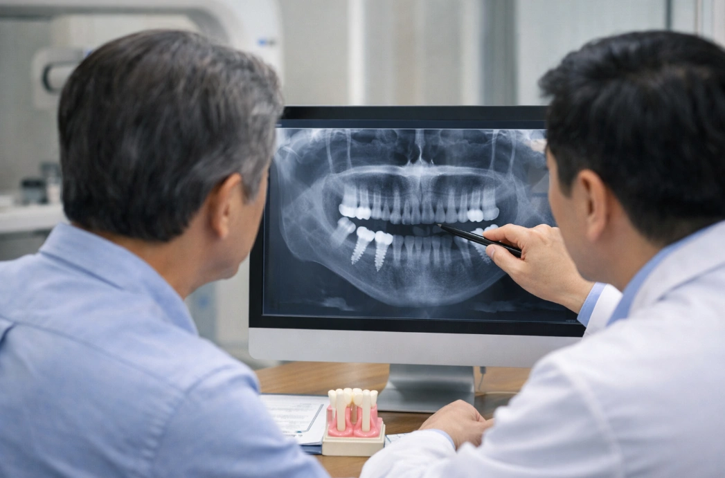 임플란트 뼈이식 필요 여부를 판단하기 위해 치과에서 X-ray와 CT 이미지를 함께 확인하는 환자와 의료진 모습