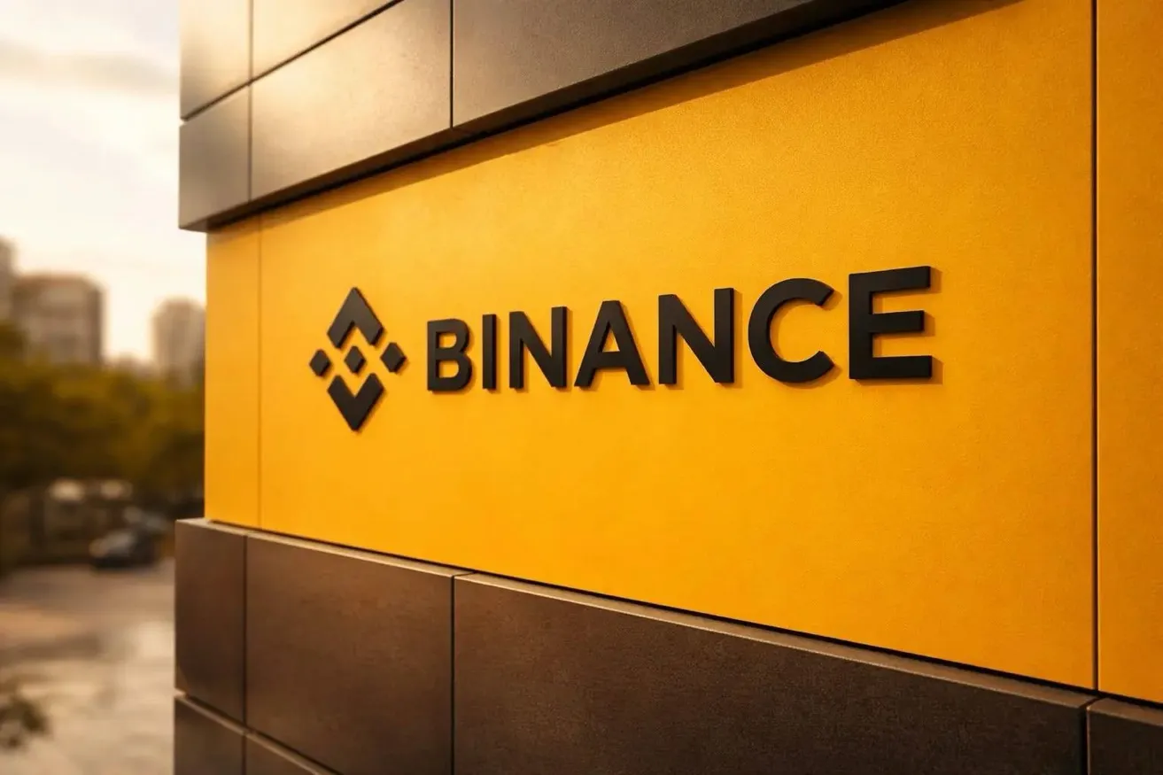 밝은 주황색 벽에 검은색 바이낸스 로고와 'BINANCE' 글자가 새겨져 있다. 로고는 다이아몬드 모양을 연상시키는 기하학적 디자인이다. 벽면은 흰색과 갈색 톤의 세련된 인테리어 패널로 구성되어 있으며, 왼쪽에는 흐릿한 사무실 공간이 보인다. 전체적으로 현대적이고 전문적인 기업 환경의 모습을 보여준다.
