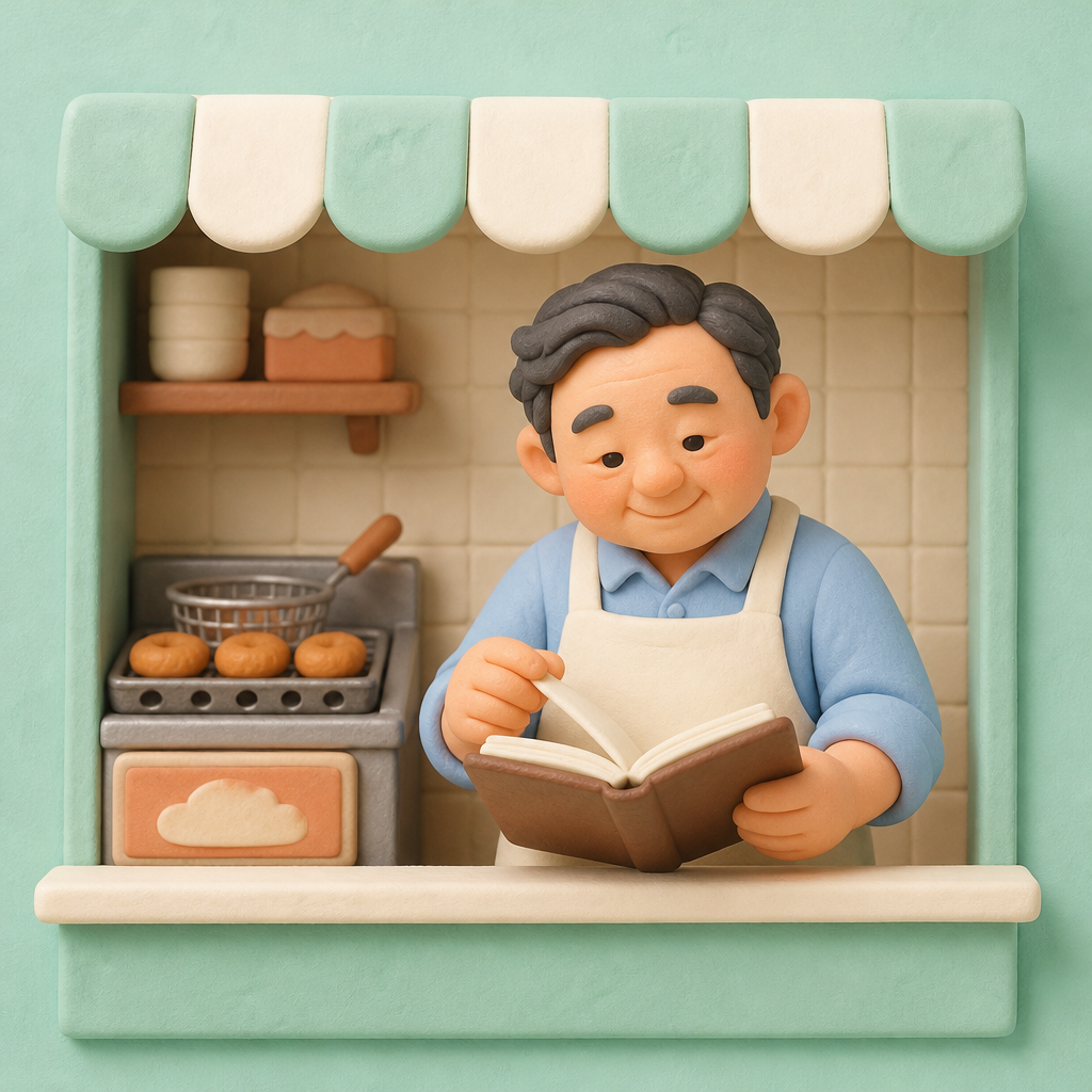동네 분식집 주방 앞에서 장부를 넘겨 보는 50대 사장님