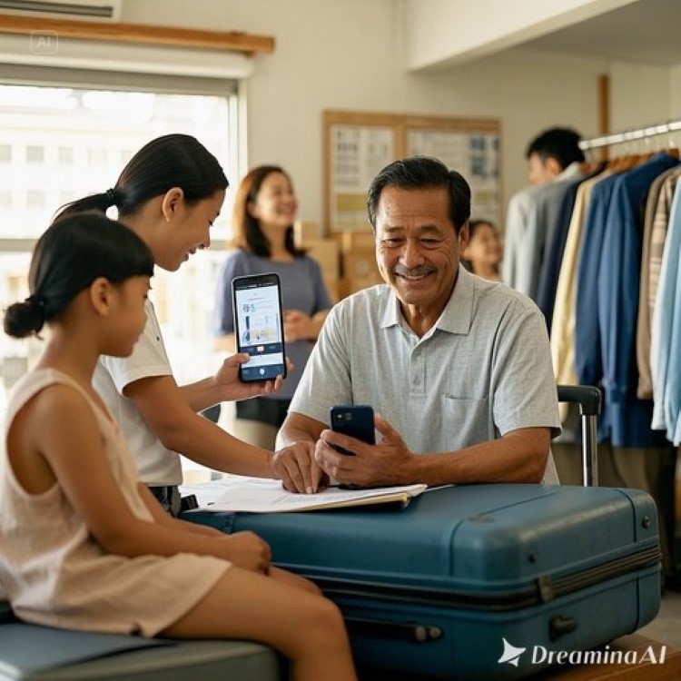 가게 사장님이 가족과 여행가방을 들고 밝게 웃으며 케이뱅크 앱 화면과 휴가 안내 현수막을 함께 들고 있는 모습, 뒤엔 매장 잠금 표시와 응모 내역 화면