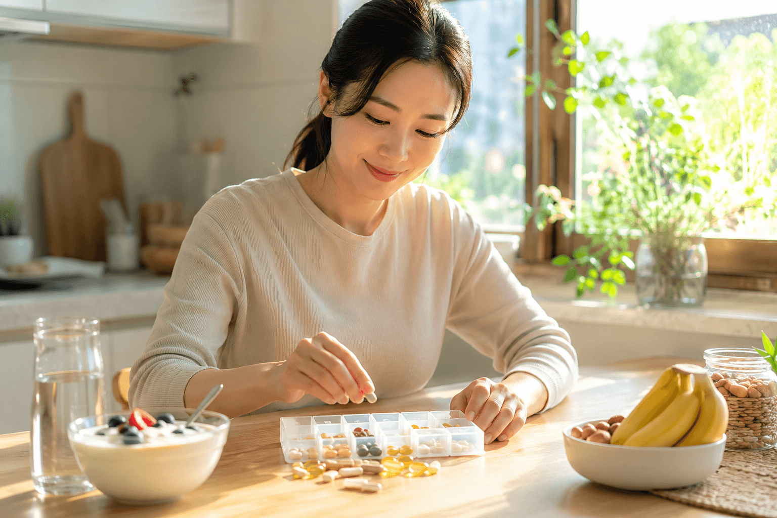 아침 햇살이 비치는 밝은 주방에서 30대 한국인 여성이 다양한 영양제 캡슐을 하루용 약통에 정리하고 있으며, 테이블 위에는 요거트와 바나나, 견과류가 놓여 있는 건강한 아침 루틴 장면.