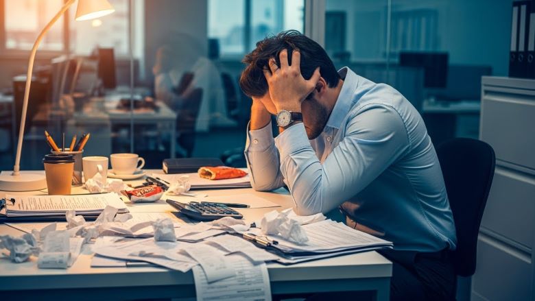 저녁 사무실에서 책상 위 세금 서류, 계산기, 구겨진 종이, 커피컵에 둘러싸여 머리를 감싸 쥐고 스트레스 받는 흰 셔츠 입은 남성 직장인의 세금 신고 준비 고민 장면