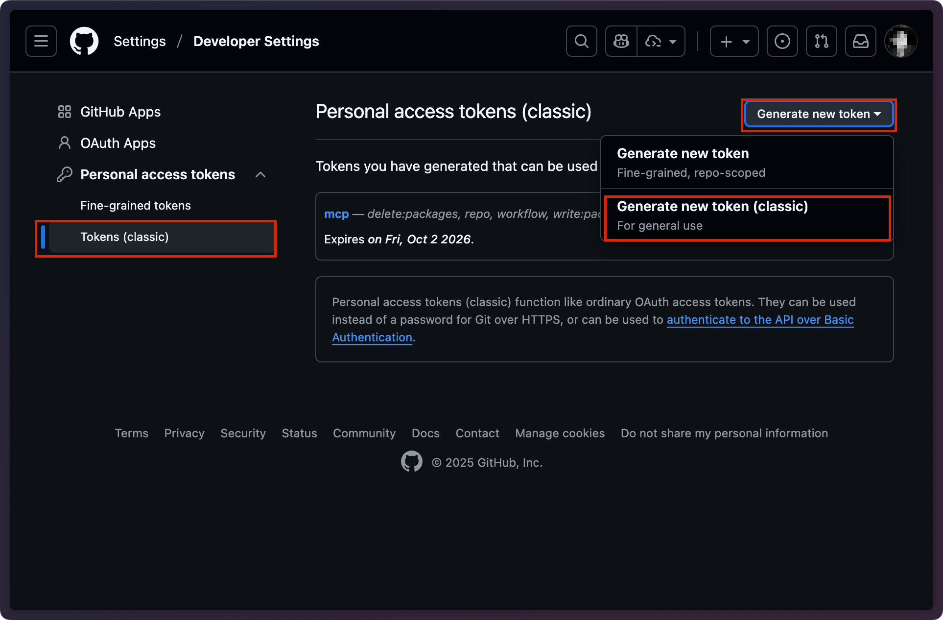 깃허브 Personal access tokens (classic) 선택 및 토큰 생성 버튼