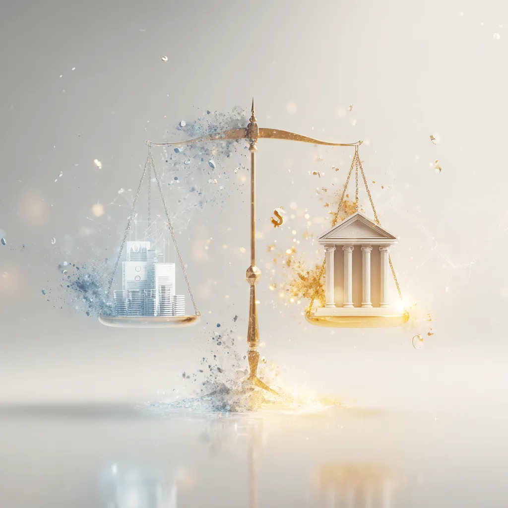 원화 스테이블 코인: 스테이블 코인의 안정적인 정착을 위해서 정부와 중앙은행의 역할이 균형적이어야 한다는 것을 천칭 위의 정부와 중앙은행으로 상징적으로 나타낸 이미지