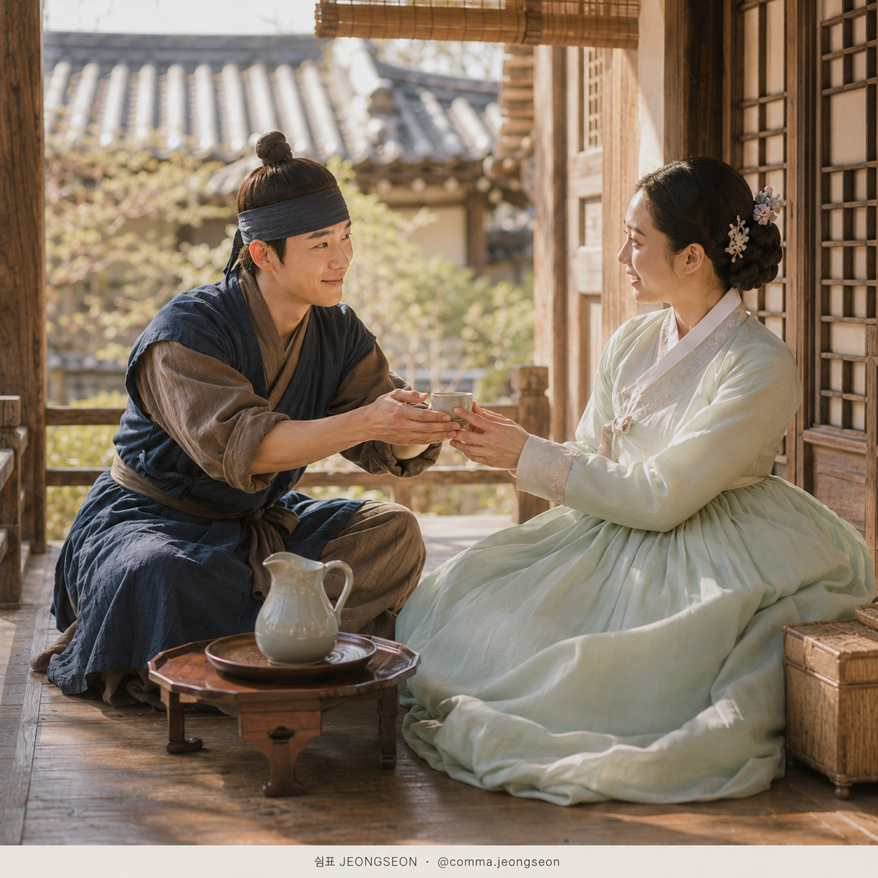한옥 대청마루에서 윤겸이 물잔을 두 손으로 정중하게 건네고, 마님이 잔을 받으며 따뜻한 시선으로 바라보는 장면