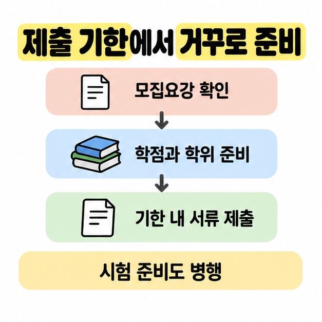 모집요강 확인에서 학점과 학위 준비 및 기한 내 서류 제출로 이어지는 과정과 시험 준비 병행을 안내한 흐름도