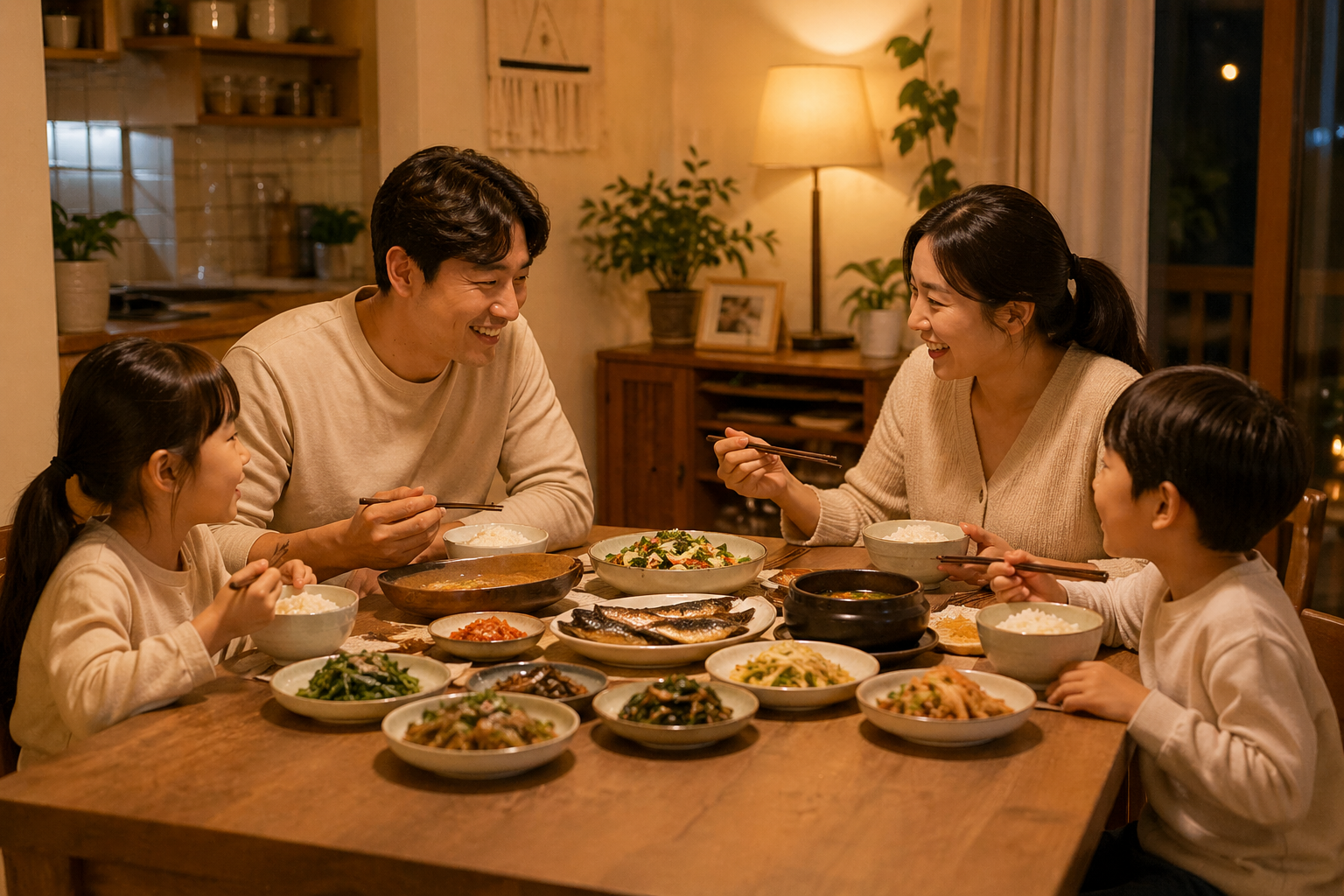 따뜻한 집 식탁에서 가족이 함께 건강한 저녁 식사를 나누는 행복한 집밥 풍경