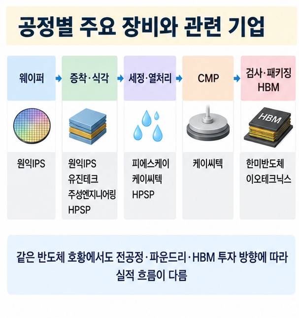 반도체 전공정 장비와 HBM 후공정 장비의 공정 위치와 대표 기업 차이를 비교한 이미지