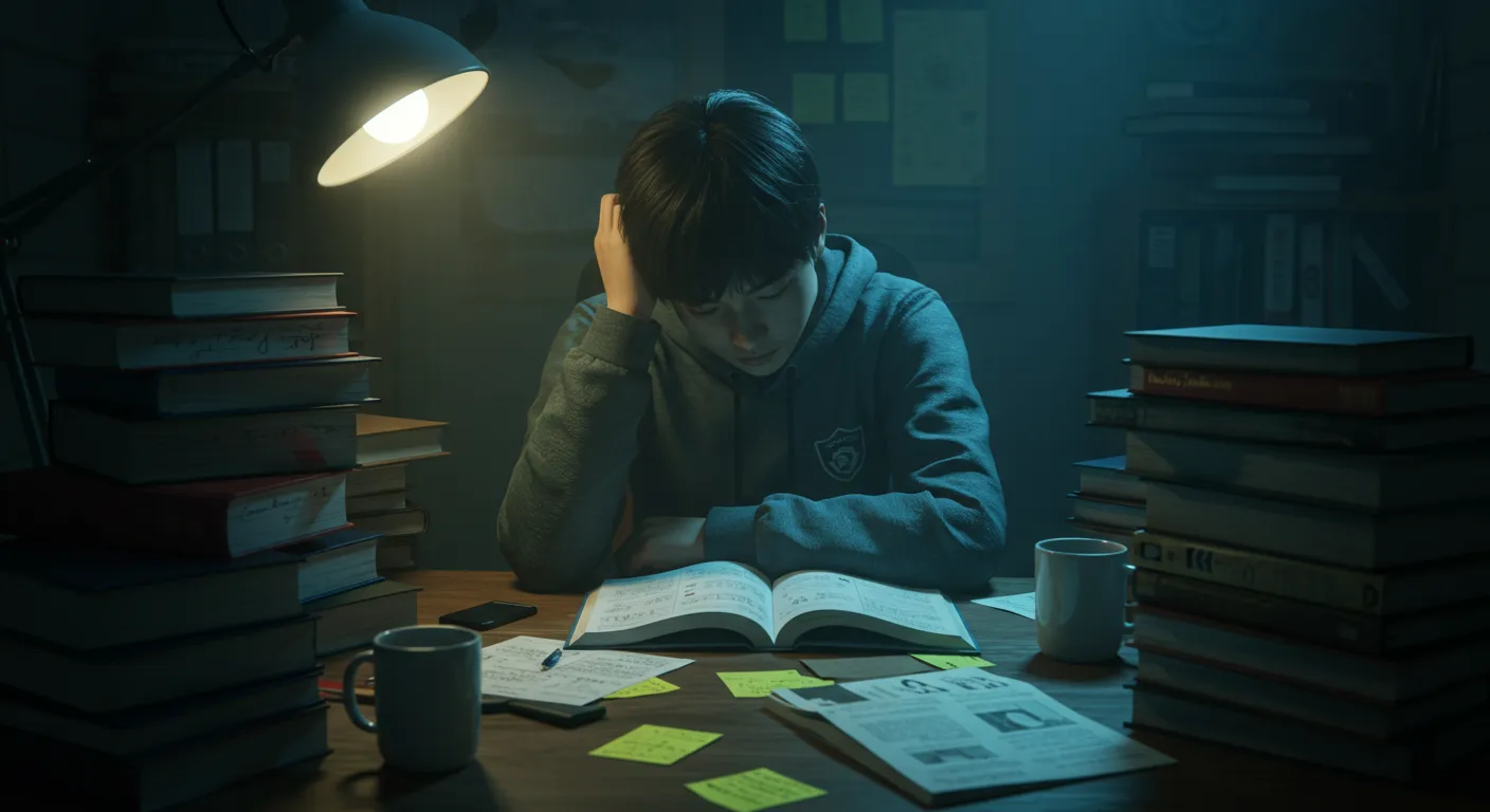 과도한 학업 스트레스로 힘들어하는 청소년의 모습을 보여주는 이미지