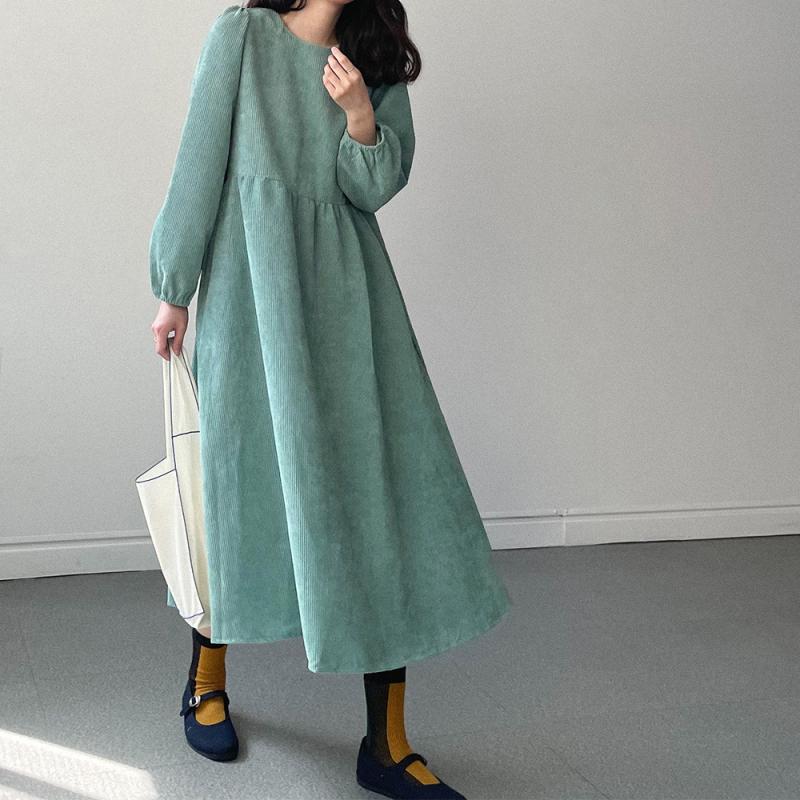 겨울 원피스 골덴 허리 셔링 퍼프 롱 골지 코듀로이 원피스 민트 아이보리 블랙