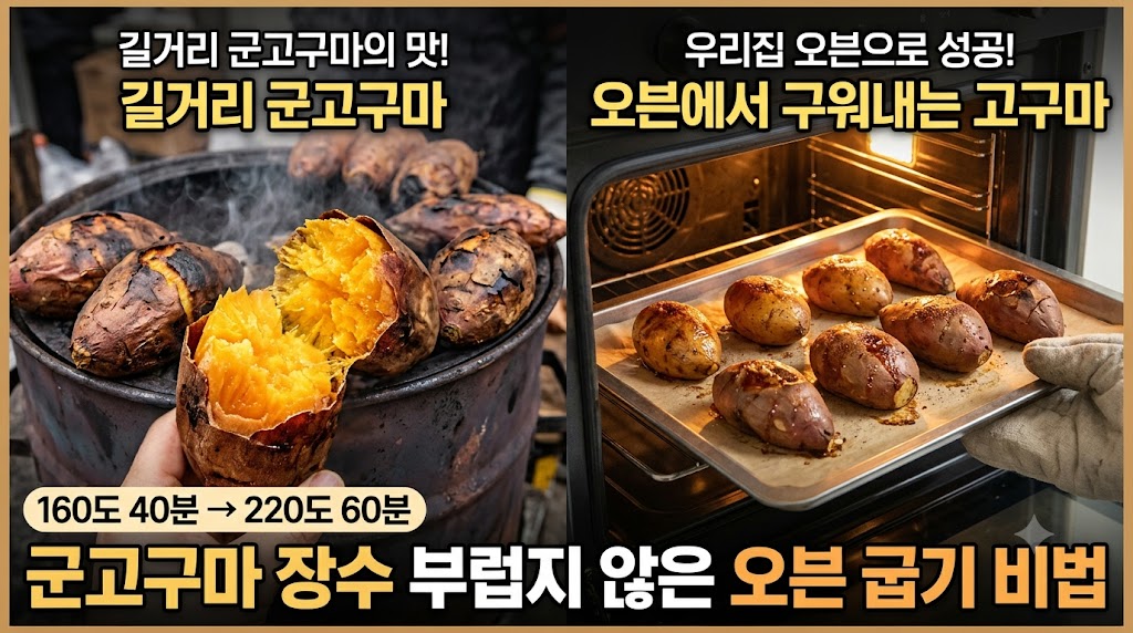이미지 왼쪽에는 길거리 드럼통 위에서 속이 노랗고 촉촉하게 잘 익은 군고구마의 클로즈업 사진이 '길거리 군고구마' 문구와 함께 배치되어 있습니다. 오른쪽에는 '오븐에서 구워내는 고구마' 문구와 함께 오븐 팬 위에서 노릇하게 구워지고 있는 고구마 모습이 대비를 이룹니다. 하단에는 '160도 40분 → 220도 60분' 및 '군고구마 장수 부럽지 않은 오븐 굽기 비법'이라는 강조 문구가 적혀 있습니다.