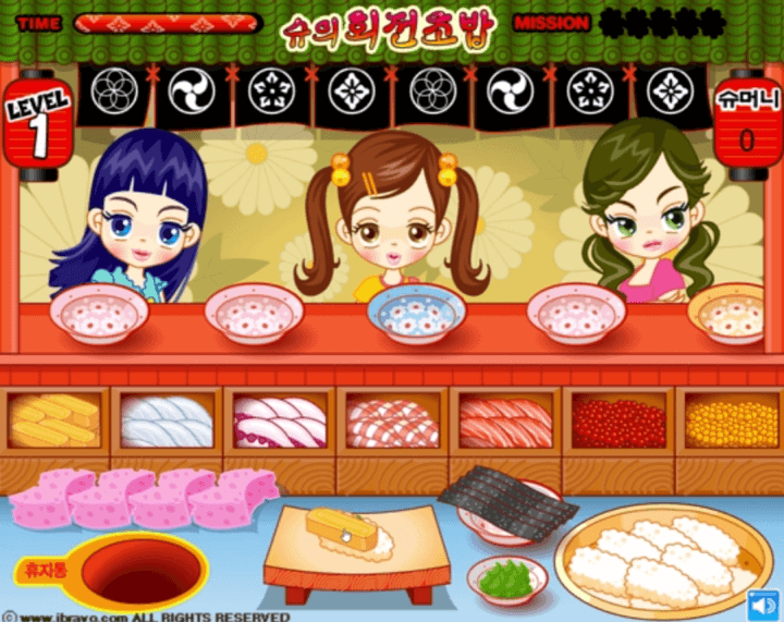 슈의-회전초밥-플래시게임-플레이-밥-위에-계란-토핑을-올리는-화면