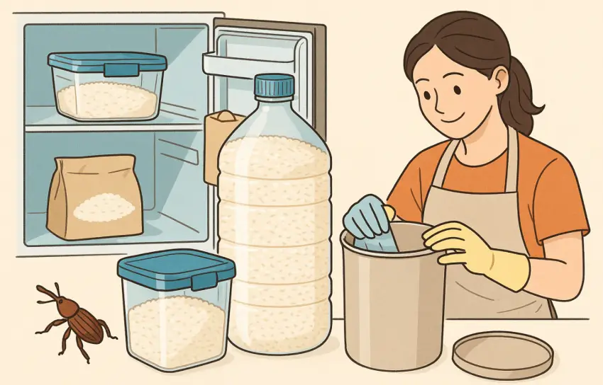 쌀벌레를 예방하기 위해 밀폐용기에 쌀을 보관하는 모습