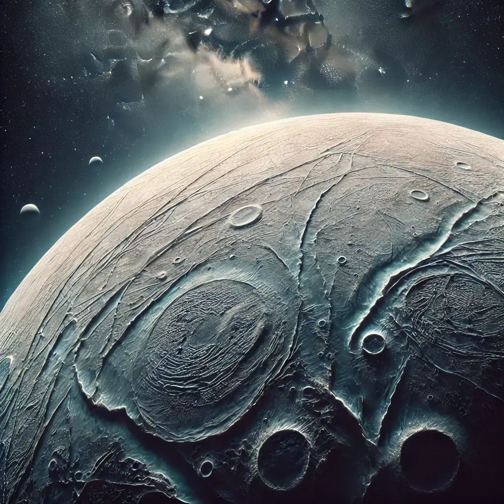 목성의 위성 유로파와 관련된 사진, 달과같은 회색빛이 감도는 행성이며 계곡과 분화구등이 보인다.