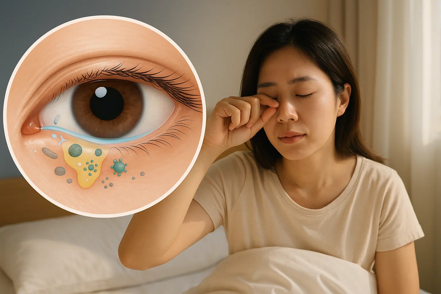 눈물, 기름 성분, 먼지, 세균 등이 섞여 눈 안쪽에 모여 있는 눈곱의 근접 일러스트 &ndash; 아침에 일어난 사람의 눈에 소량의 눈곱이 있는 자연스러운 장면