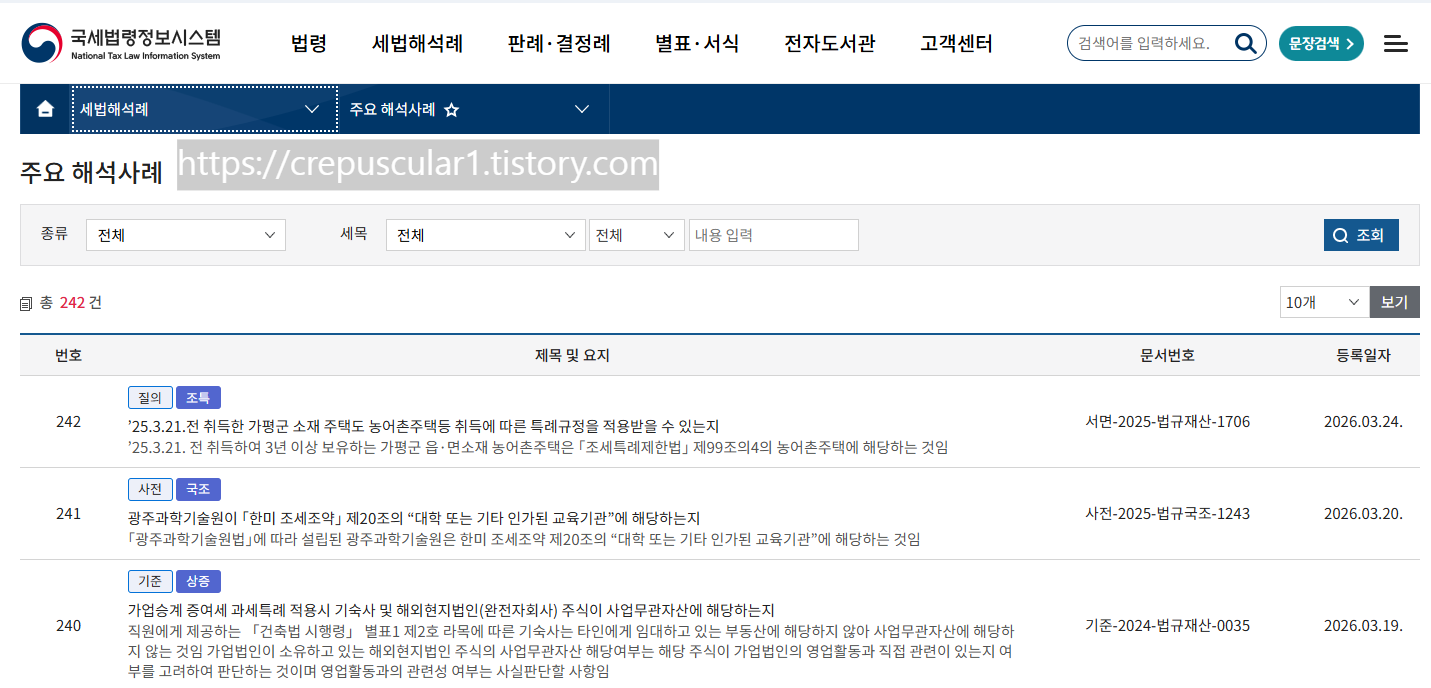 국세법령정보시스템, 국세청 유권해석 질의 응답 내용을 검색하여 주요 해석사례를 찾아볼 수 있다.