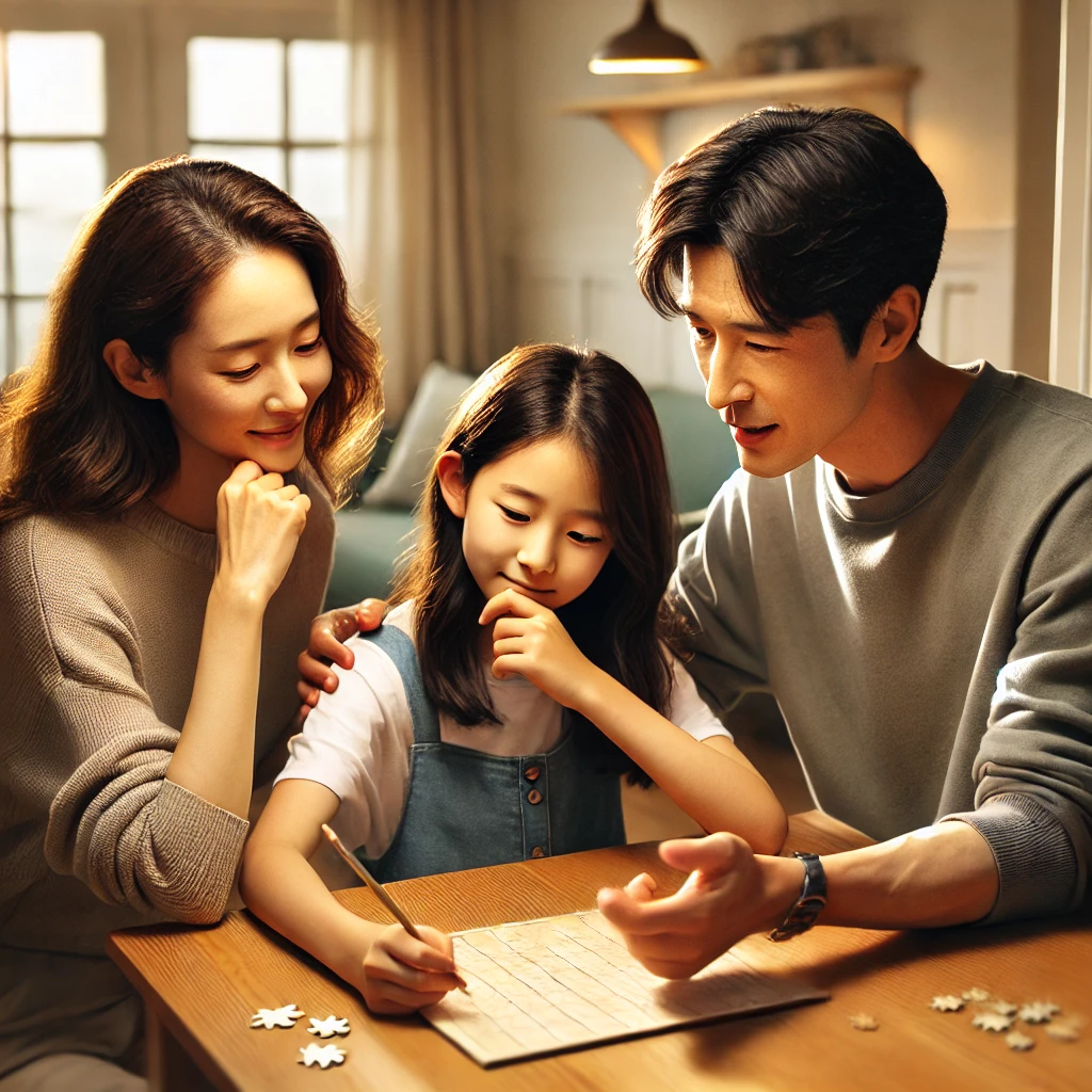 식탁에서 퍼즐 문제를 풀며 어려움을 극복하는 딸을 응원하는 부모, 미소로 격려하는 어머니와 손짓으로 도움을 주는 아버지, 따뜻한 조명과 정돈된 공간이 조화를 이루는 성장과 지지의 장면.