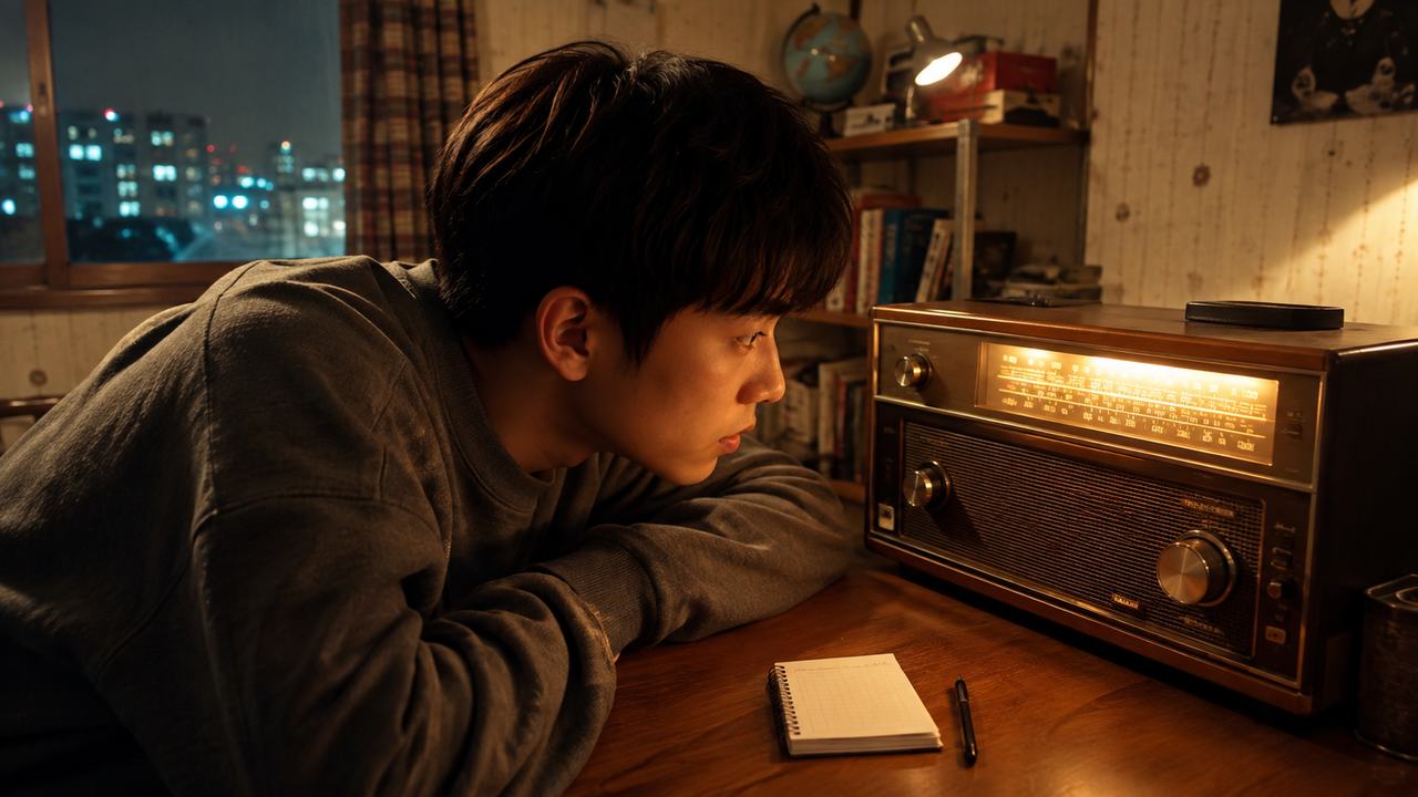 라디오 가까이에 앉아 DJ의 다음 곡 소개를 집중해서 듣는 청취자의 모습