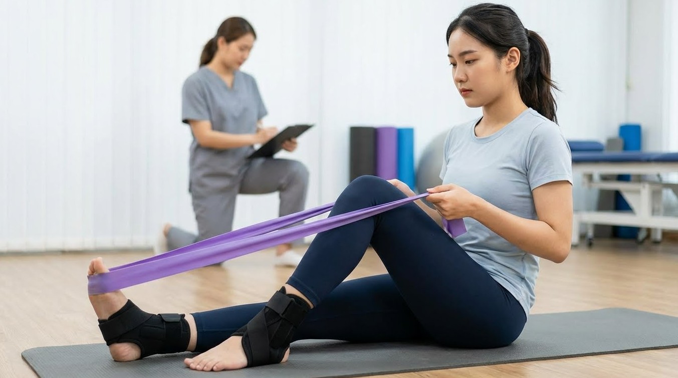 발목보호대를 착용하고 재활하는 이미지