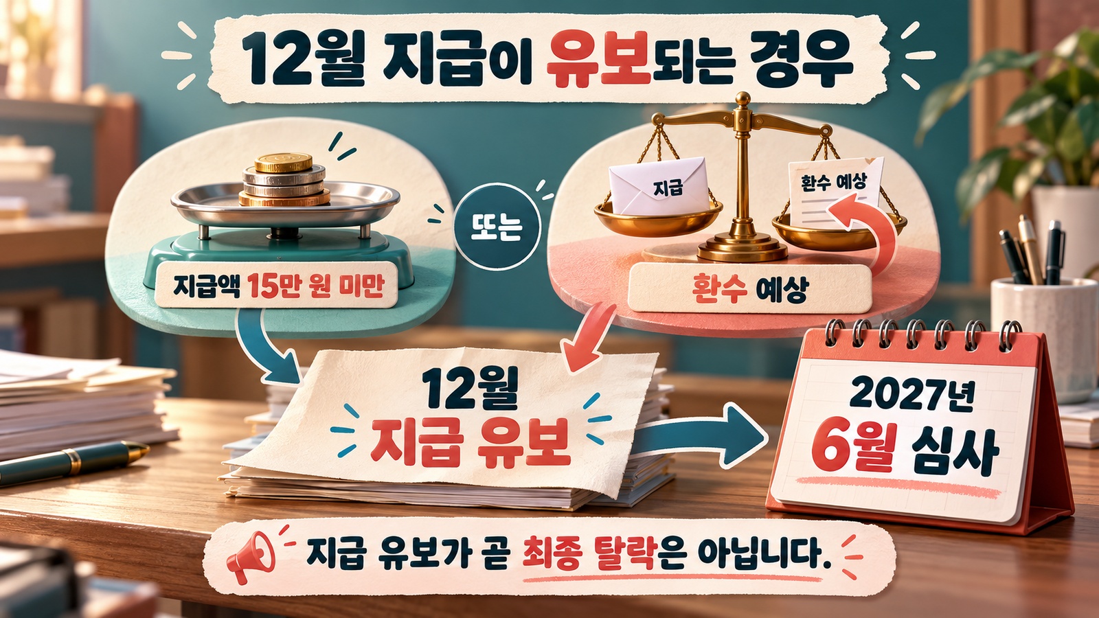 지급액 15만 원 미만 또는 환수 예상 시 12월 지급을 유보하고 2027년 6월 심사로 연결하는 조건 인포그래픽