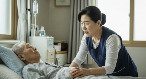 보호자의 피곤한 표정과 간병 장면