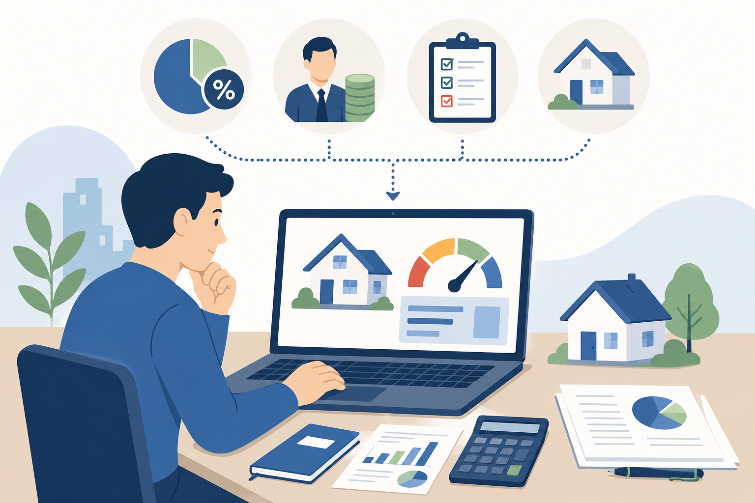 생애최초 보금자리론 LTV 80% 예상 한도를 확인할 때 소득과 부채, 주택 조건을 함께 점검하는 상황을 보여주는 이미지